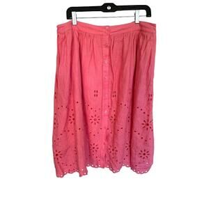 Rachel Parcel Linen Coral Pink Eyelet Button Midi Skirt Large Beachy Romantic